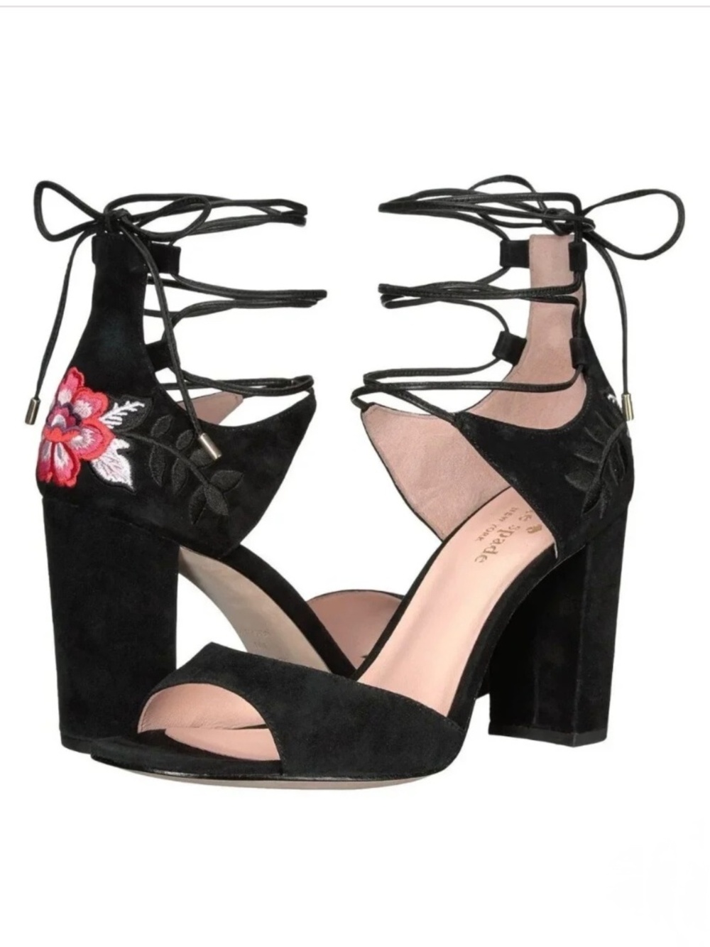 Kate Spade Oasis Embroidered Black Suede Block Heel Sandals